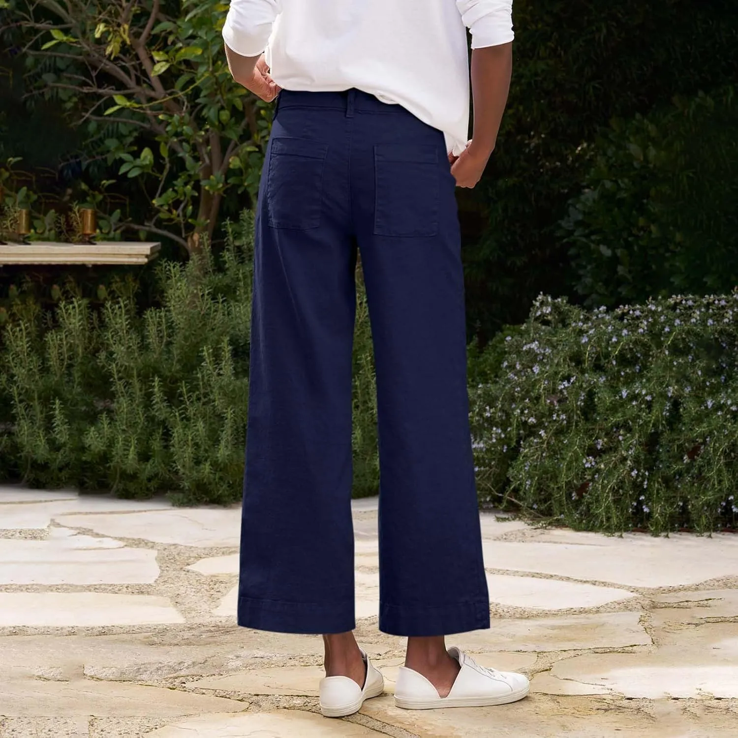 Wide Leg Linen Pants Women Cropped Elastic High Waisted Dress Pants Business Casual Comfy Work Pants with Pockets