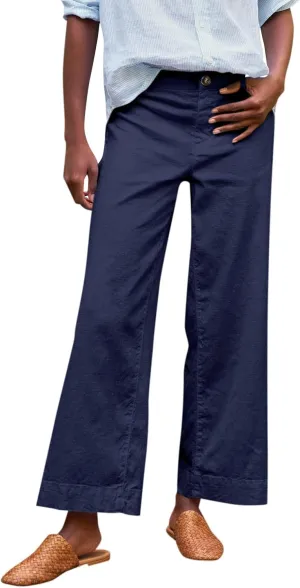 Wide Leg Linen Pants Women Cropped Elastic High Waisted Dress Pants Business Casual Comfy Work Pants with Pockets
