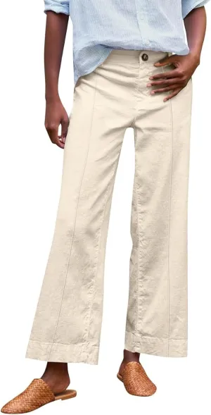 Wide Leg Linen Pants Women Cropped Elastic High Waisted Dress Pants Business Casual Comfy Work Pants with Pockets