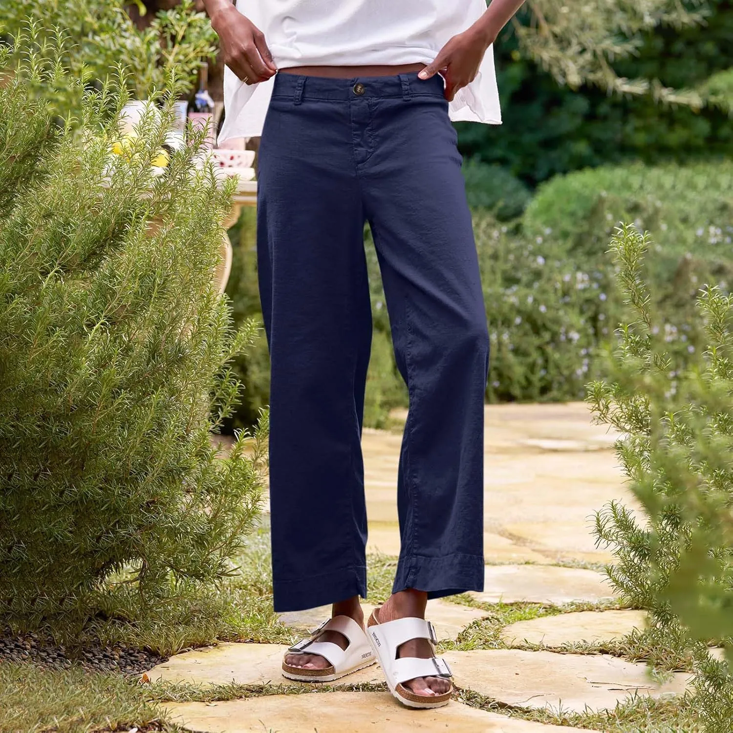 Wide Leg Linen Pants Women Cropped Elastic High Waisted Dress Pants Business Casual Comfy Work Pants with Pockets