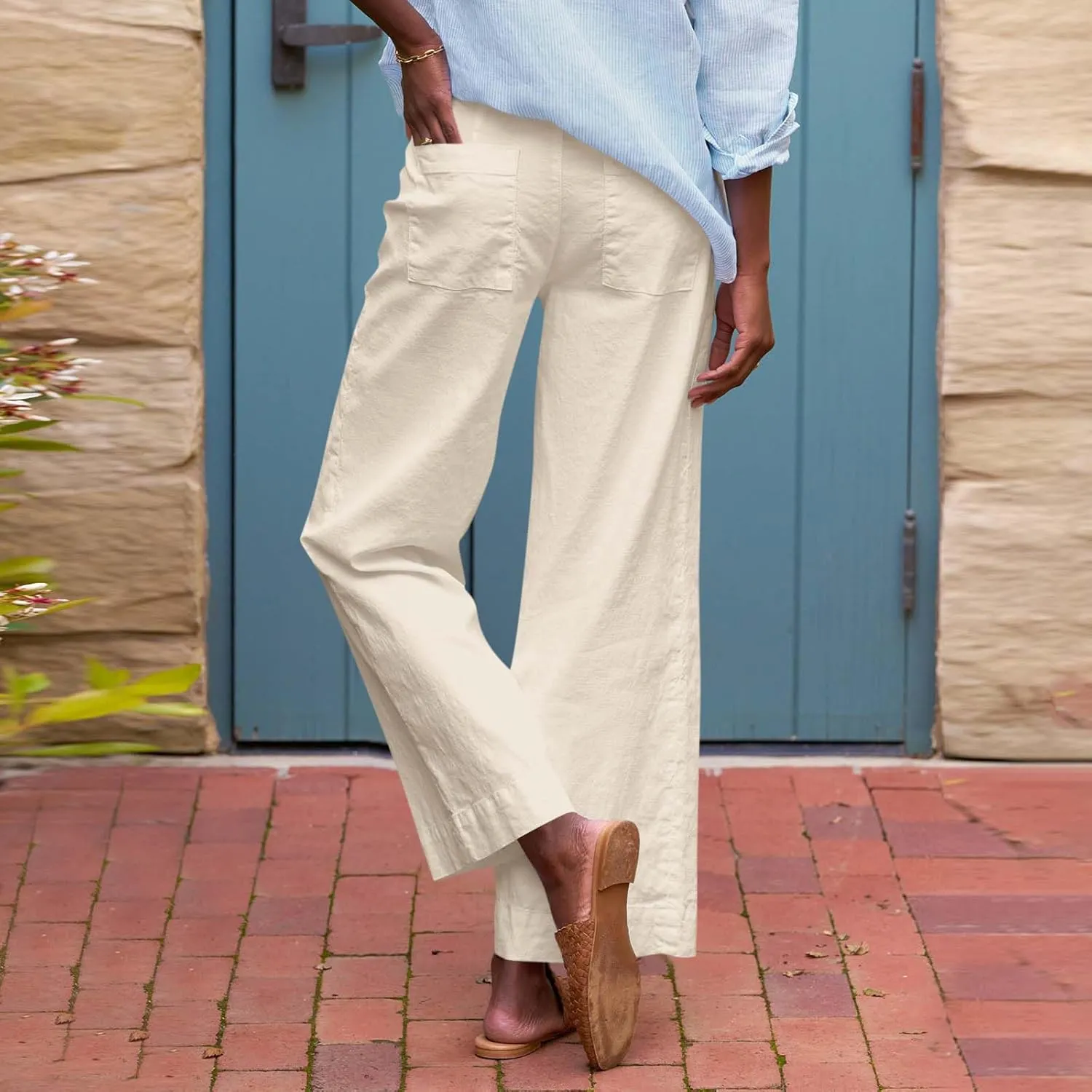Wide Leg Linen Pants Women Cropped Elastic High Waisted Dress Pants Business Casual Comfy Work Pants with Pockets