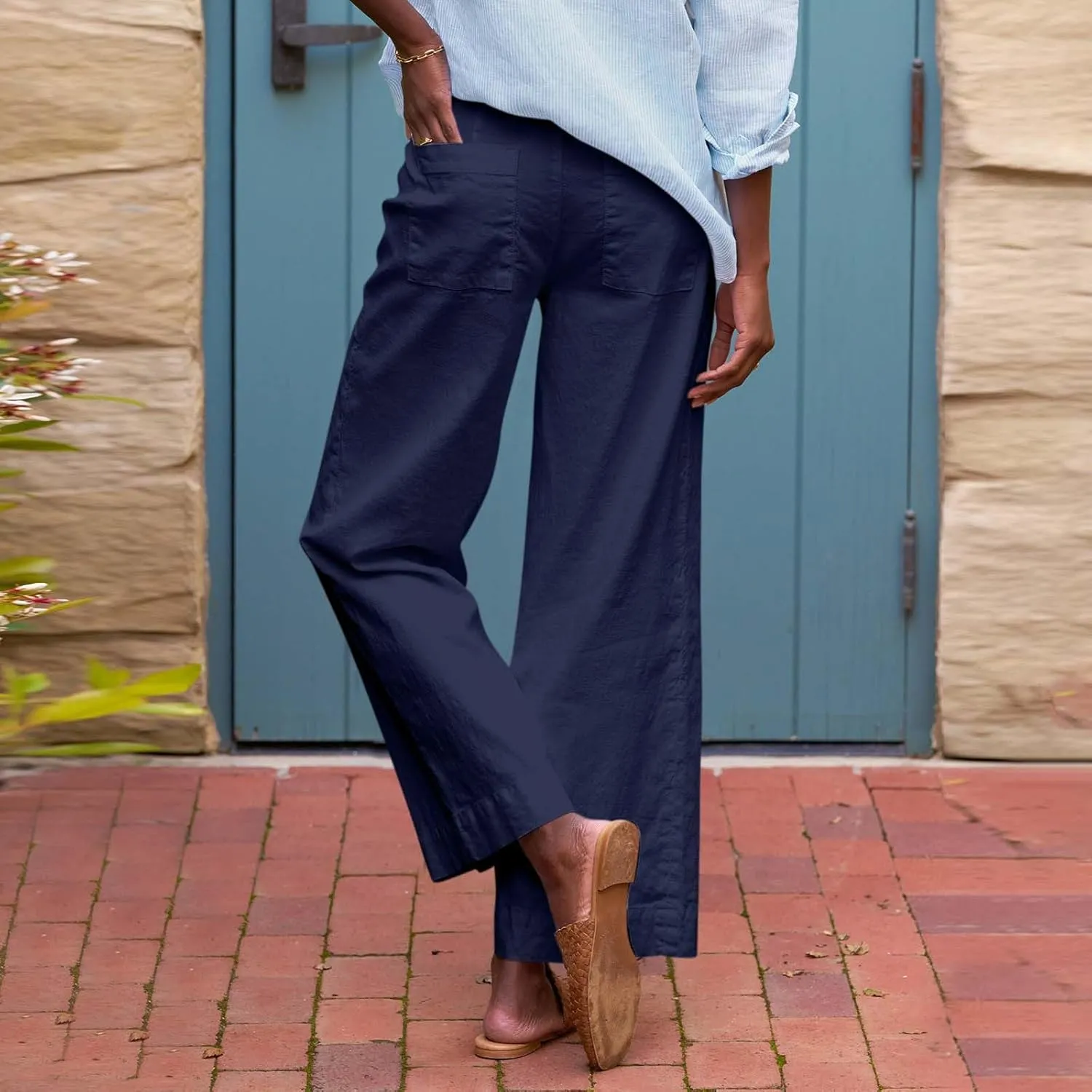Wide Leg Linen Pants Women Cropped Elastic High Waisted Dress Pants Business Casual Comfy Work Pants with Pockets
