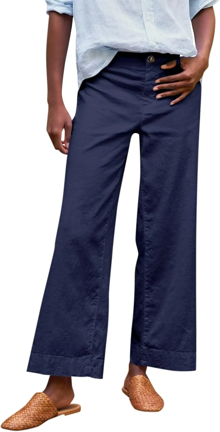 Wide Leg Linen Pants Women Cropped Elastic High Waisted Dress Pants Business Casual Comfy Work Pants with Pockets