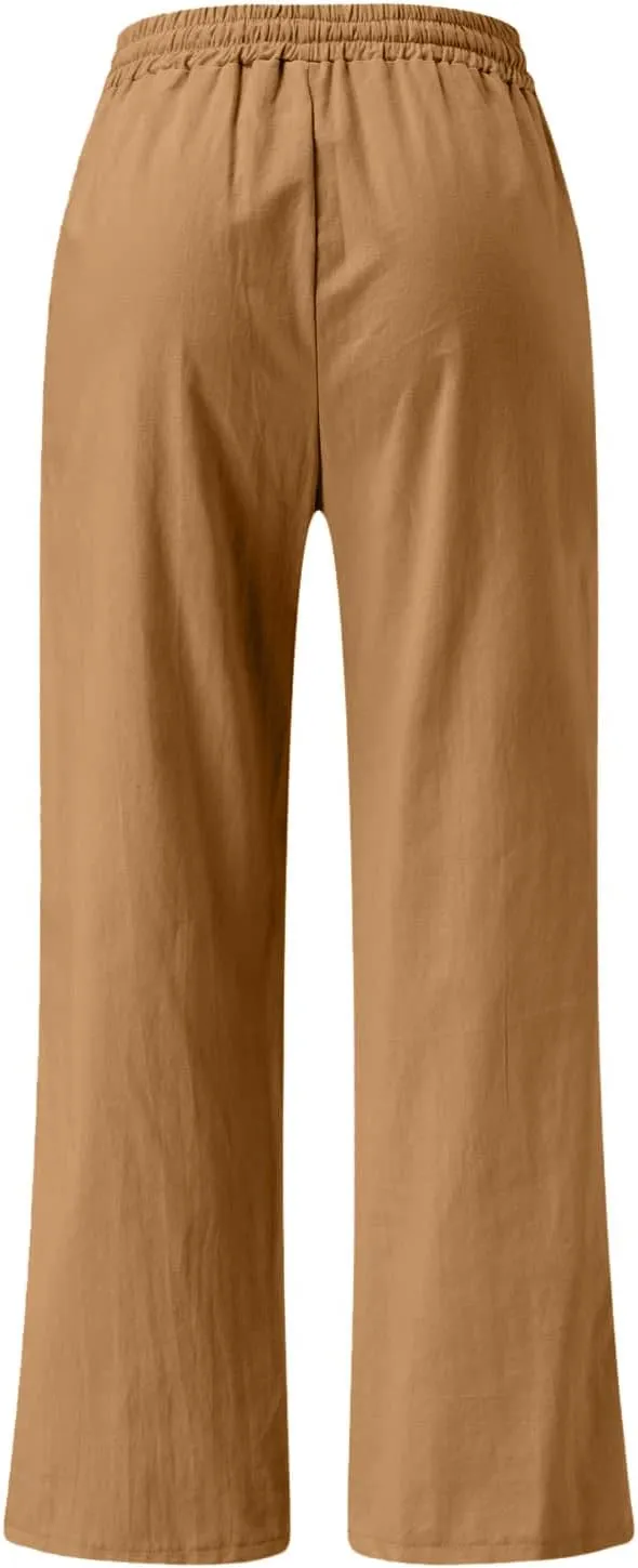 Wide Leg Palazzo Pants for Women Dressy Casual 2024 Cotton Linen Flowy Pants Summer Beach High Waist Long Trousers