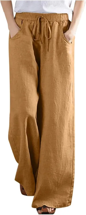 Wide Leg Palazzo Pants for Women Dressy Casual 2024 Cotton Linen Flowy Pants Summer Beach High Waist Long Trousers