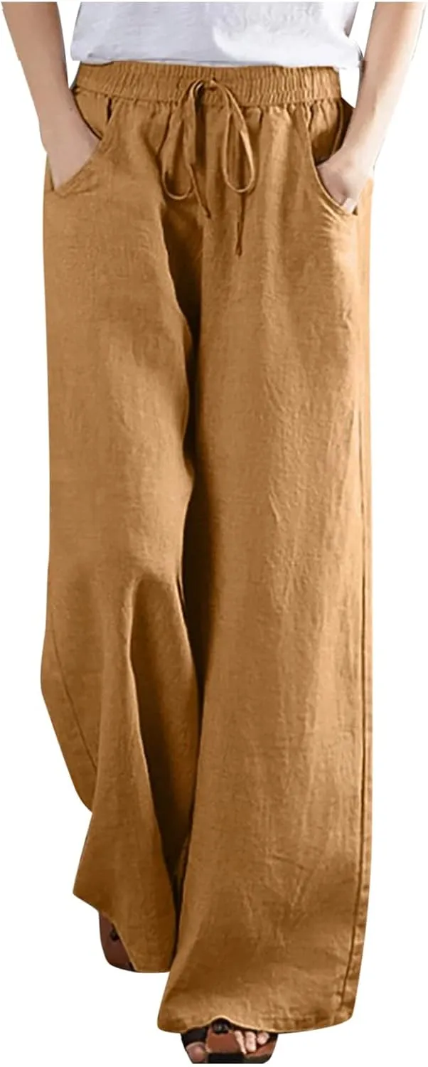 Wide Leg Palazzo Pants for Women Dressy Casual 2024 Cotton Linen Flowy Pants Summer Beach High Waist Long Trousers