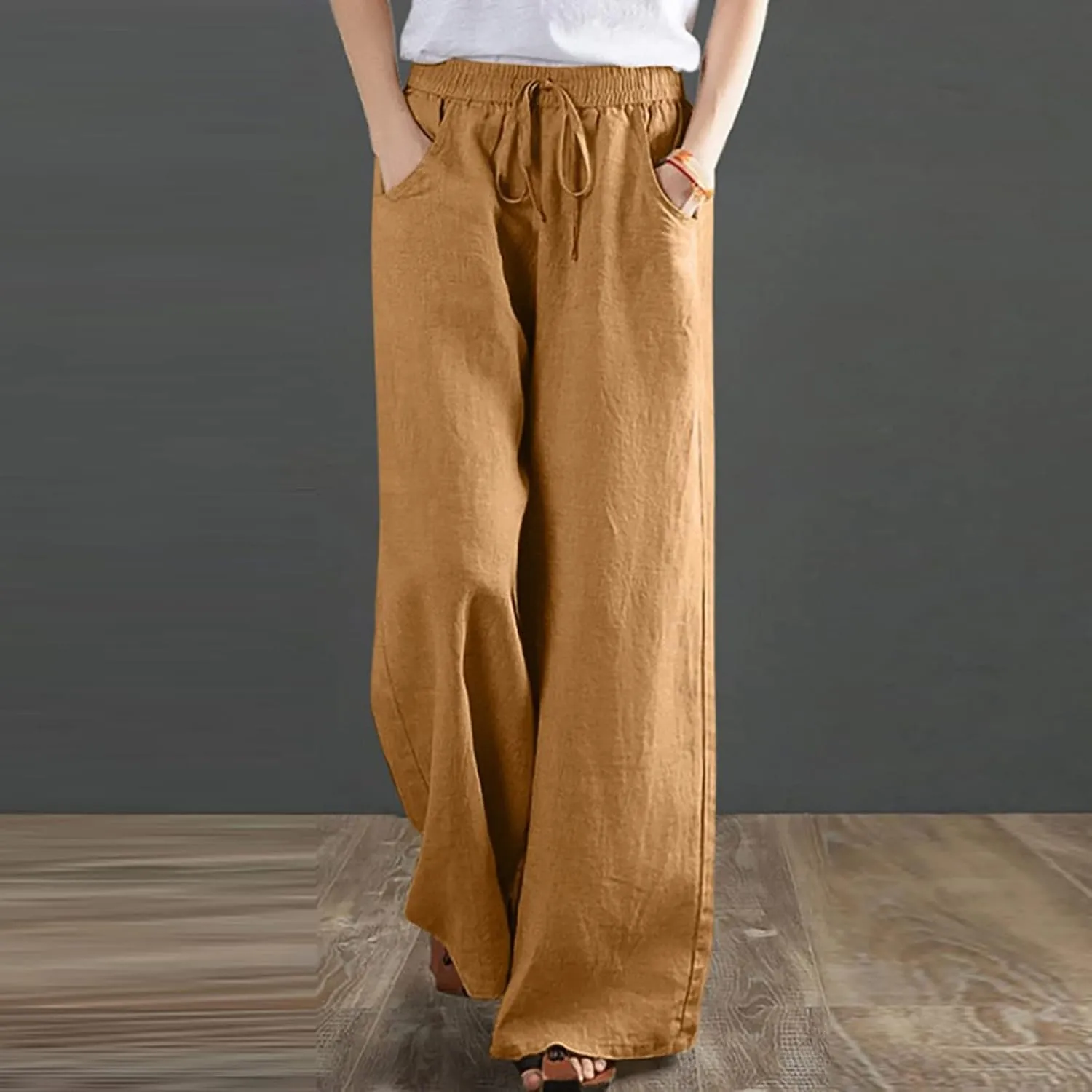 Wide Leg Palazzo Pants for Women Dressy Casual 2024 Cotton Linen Flowy Pants Summer Beach High Waist Long Trousers
