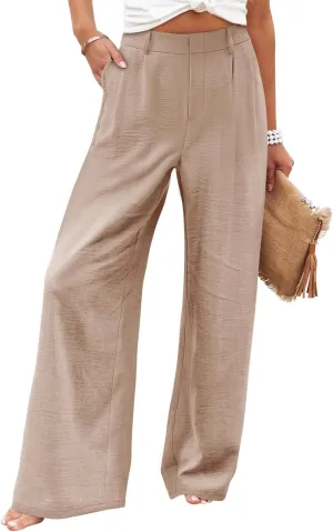 Wide Leg Pants Woman Summer High Waisted Dress Pants Trousers Lightweight Comfy Elastic Waist Pants with Pockets