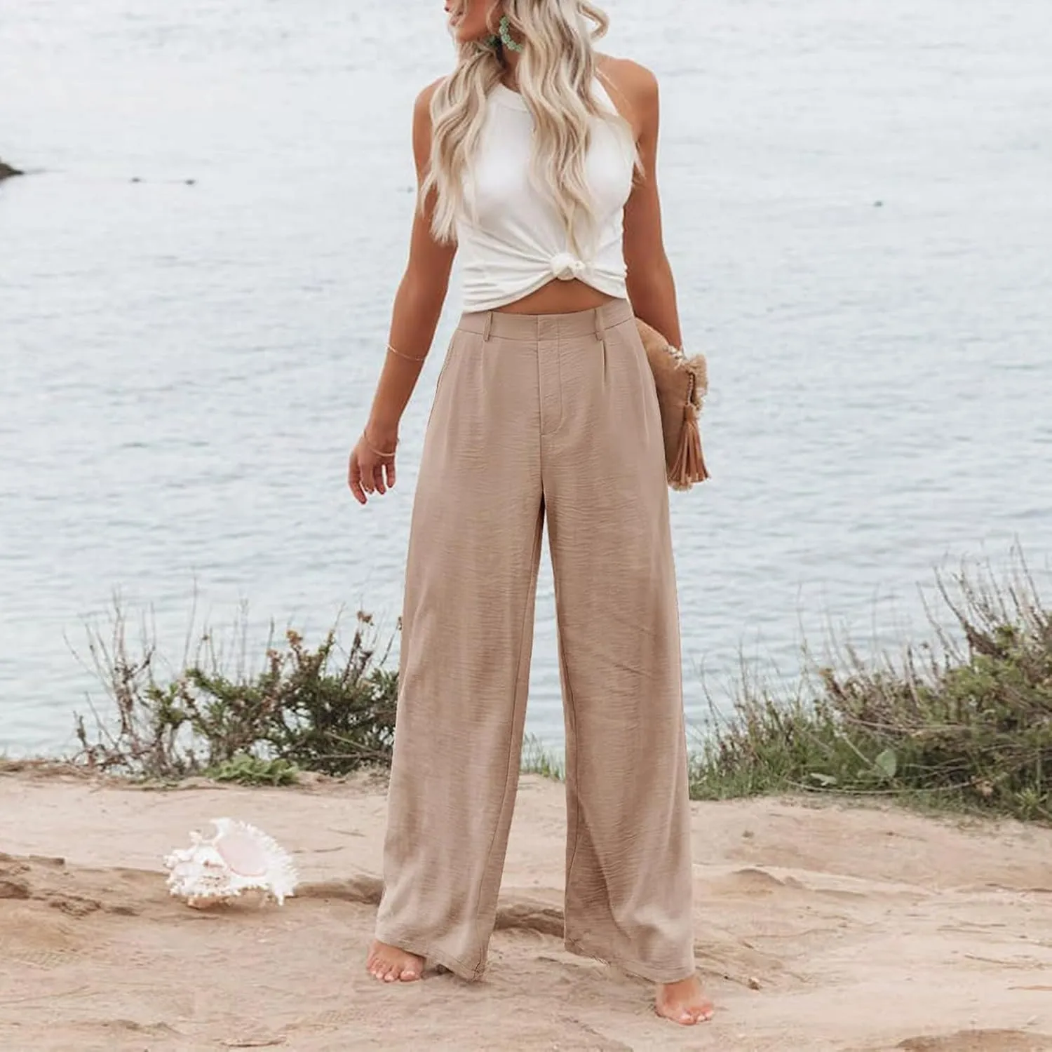 Wide Leg Pants Woman Summer High Waisted Dress Pants Trousers Lightweight Comfy Elastic Waist Pants with Pockets