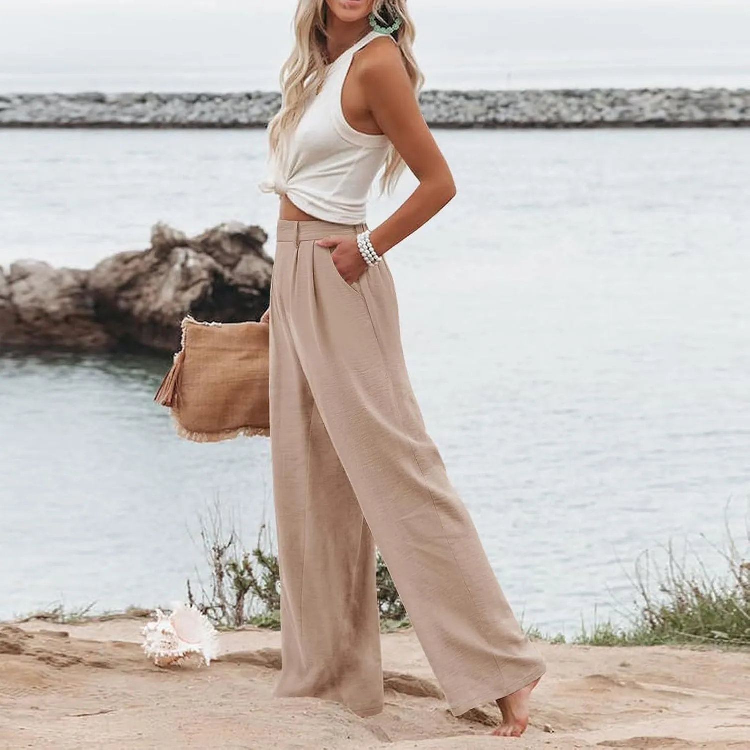 Wide Leg Pants Woman Summer High Waisted Dress Pants Trousers Lightweight Comfy Elastic Waist Pants with Pockets