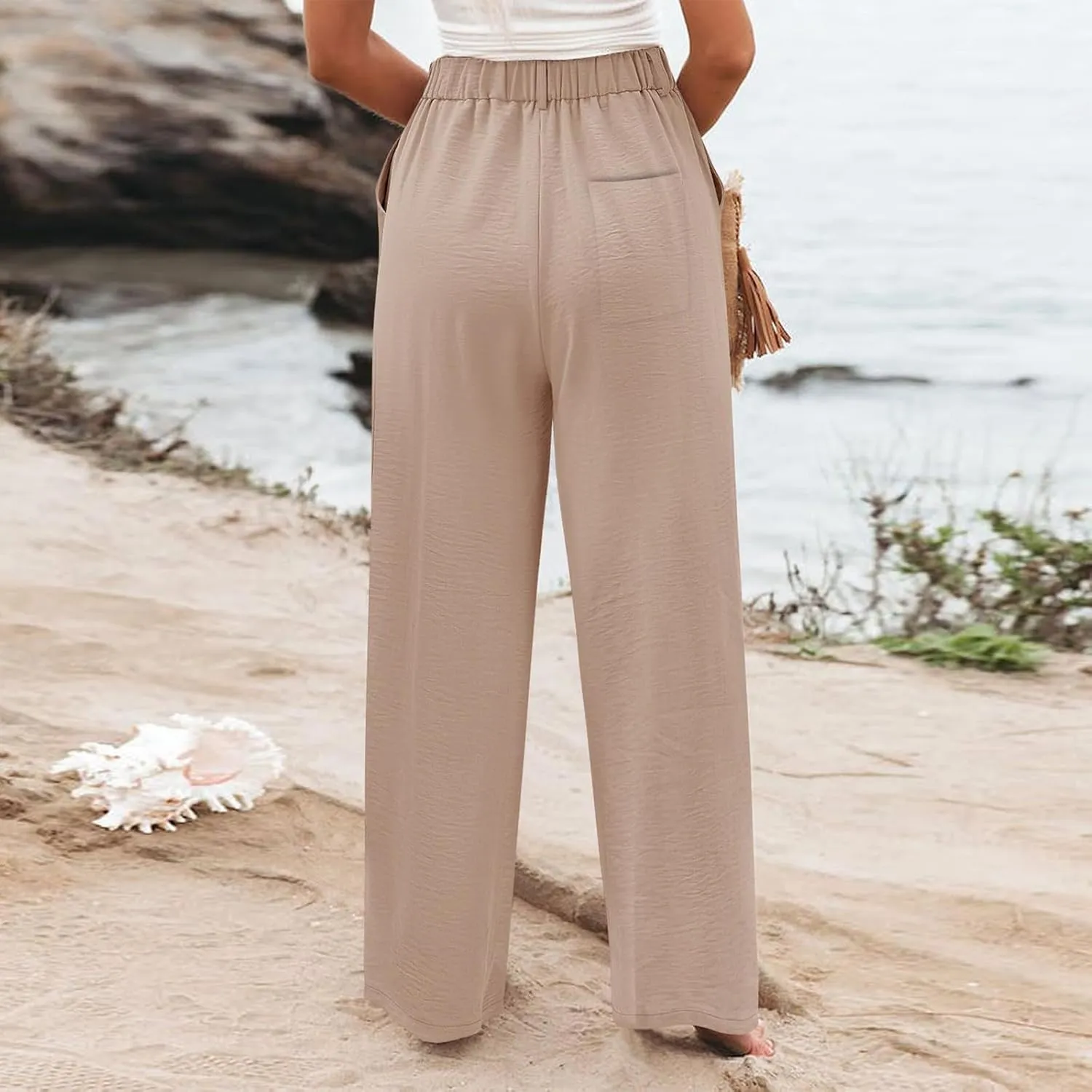 Wide Leg Pants Woman Summer High Waisted Dress Pants Trousers Lightweight Comfy Elastic Waist Pants with Pockets