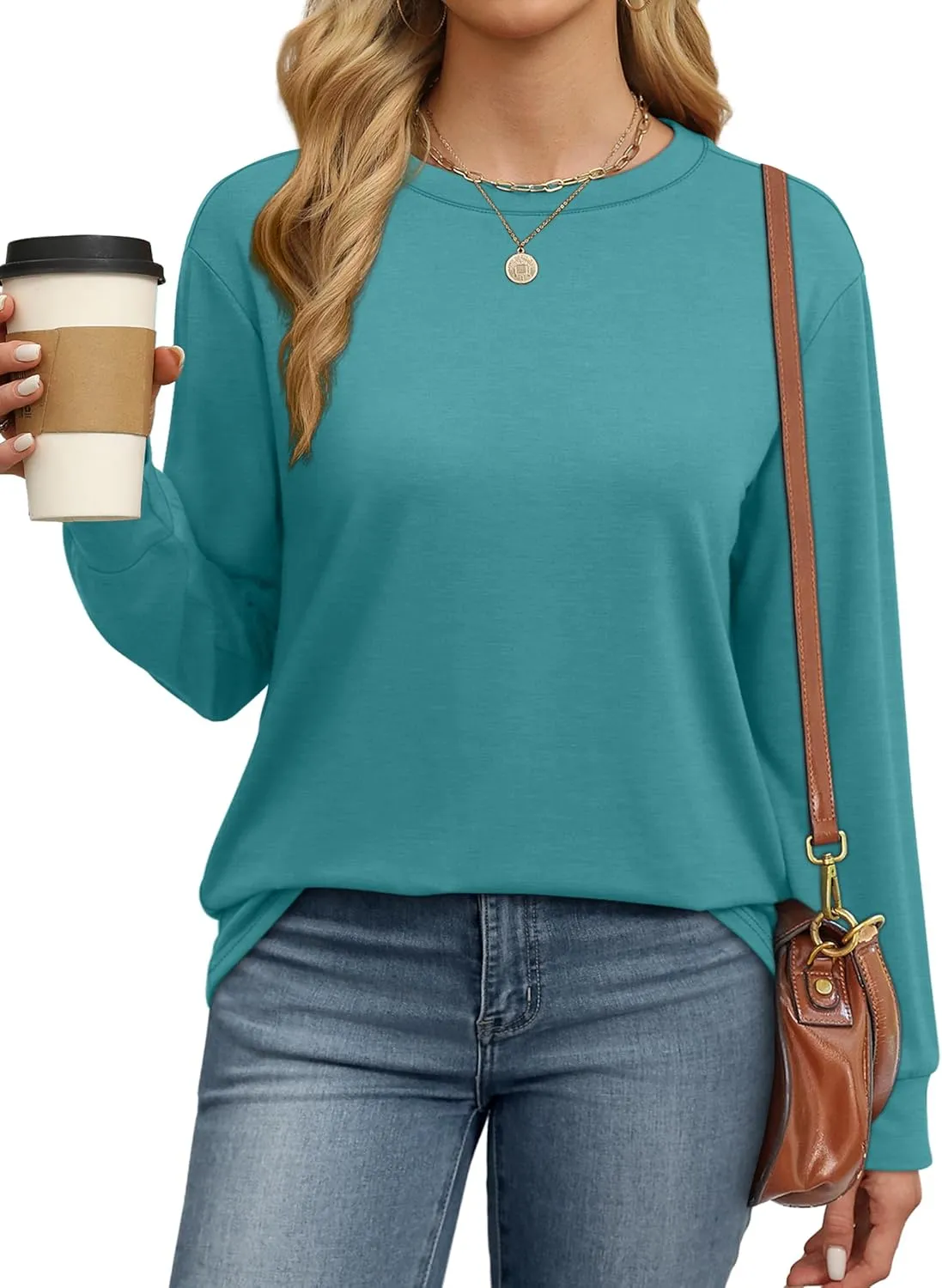 WIHOLL Womens Long Sleeve Shirts Loose Fits Fall Outfits Basic Casual Tunic Tops Crewneck Clothes
