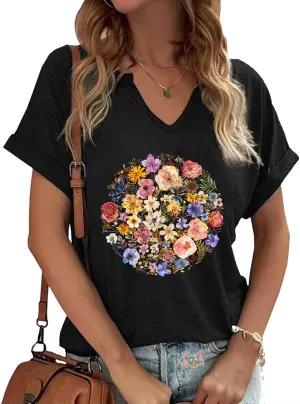 Wildflower V-Neck T-Shirt for Women Boho Floral Graphic Botanical Casual Spring Cottagecore Shortsleeve Top