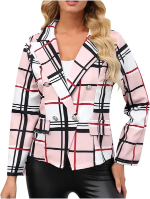 Wkishenl Plaid Blazer for Women Trendy Button Down Lapel Petite Blazers Business Casual Long Sleeve Jacket Coats with Pockets