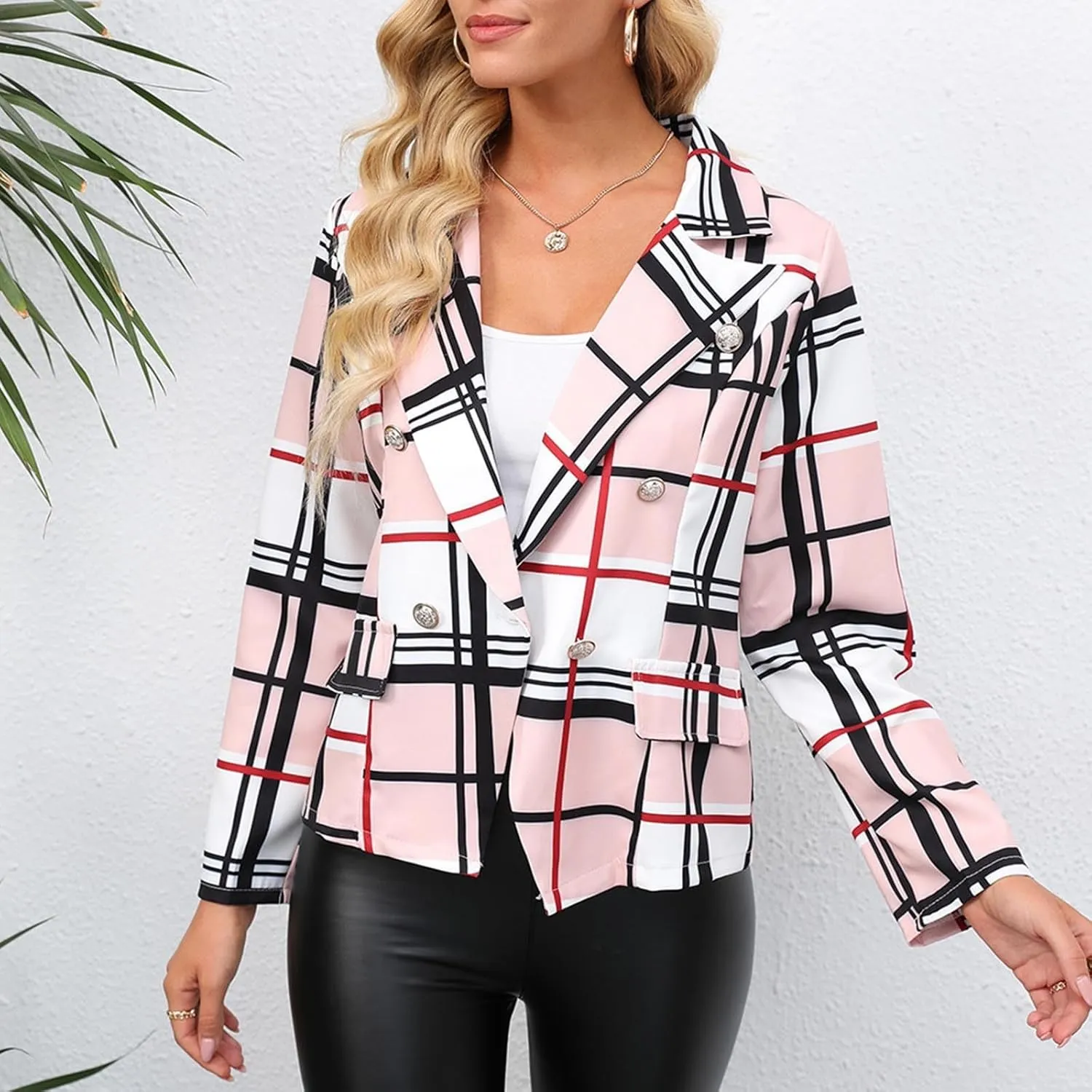 Wkishenl Plaid Blazer for Women Trendy Button Down Lapel Petite Blazers Business Casual Long Sleeve Jacket Coats with Pockets