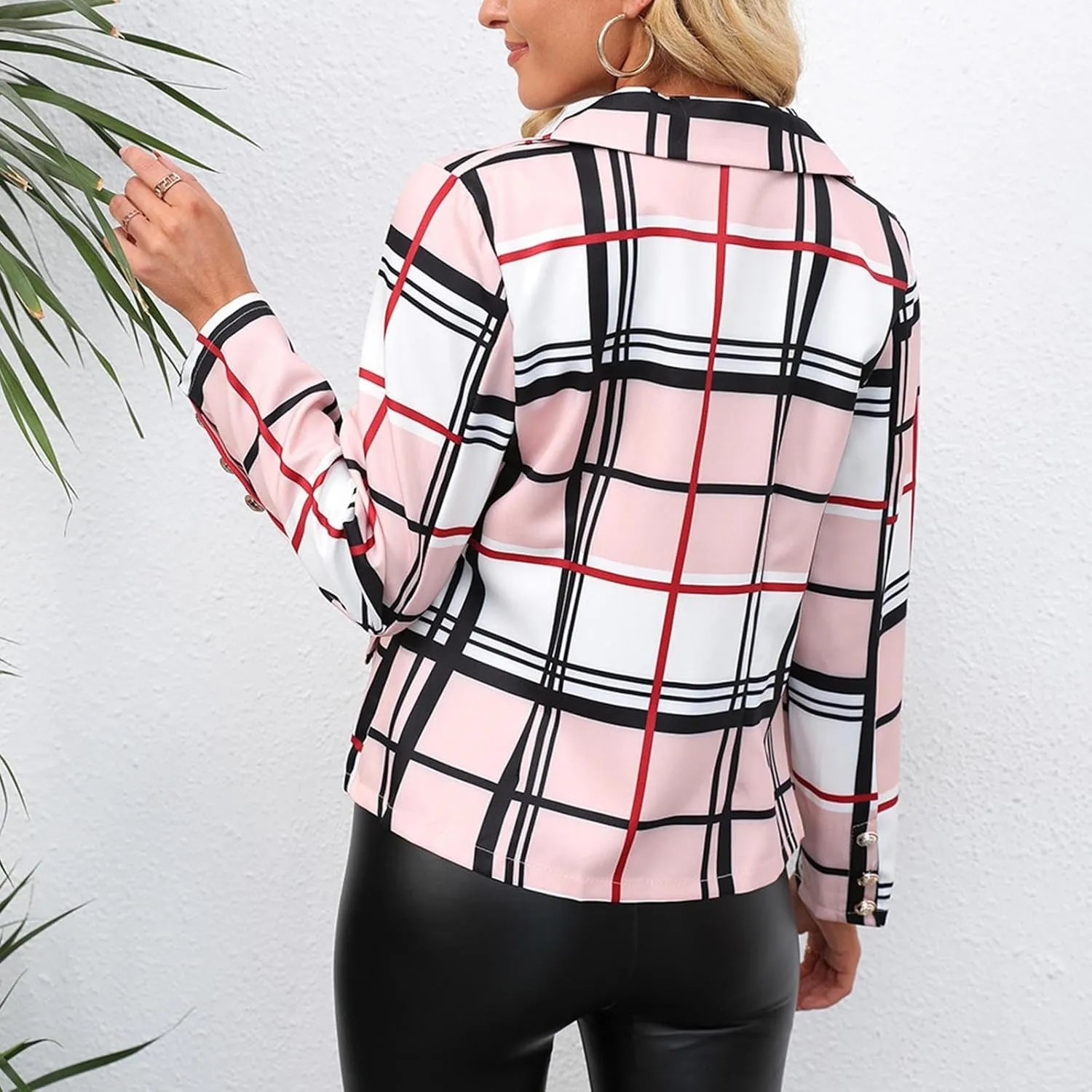 Wkishenl Plaid Blazer for Women Trendy Button Down Lapel Petite Blazers Business Casual Long Sleeve Jacket Coats with Pockets