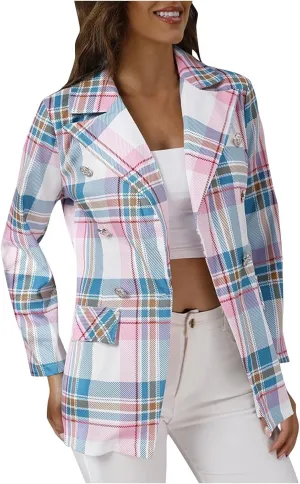 Wkishenl Plaid Blazer for Women Trendy Button Down Lapel Petite Blazers Business Casual Long Sleeve Jacket Coats with Pockets