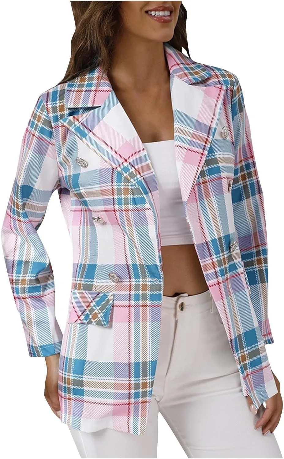 Wkishenl Plaid Blazer for Women Trendy Button Down Lapel Petite Blazers Business Casual Long Sleeve Jacket Coats with Pockets