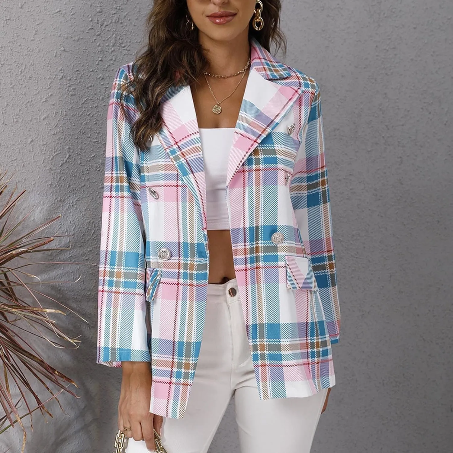 Wkishenl Plaid Blazer for Women Trendy Button Down Lapel Petite Blazers Business Casual Long Sleeve Jacket Coats with Pockets
