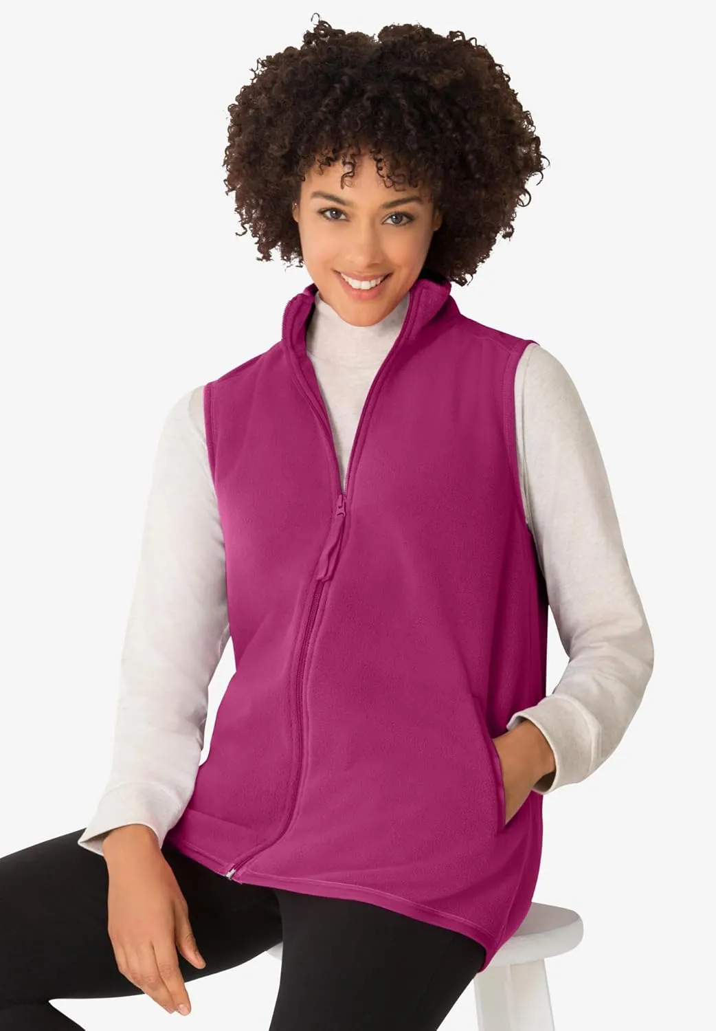 Woman Within Plus Size Zip-Front Microfleece Vest Long Fleece Vest