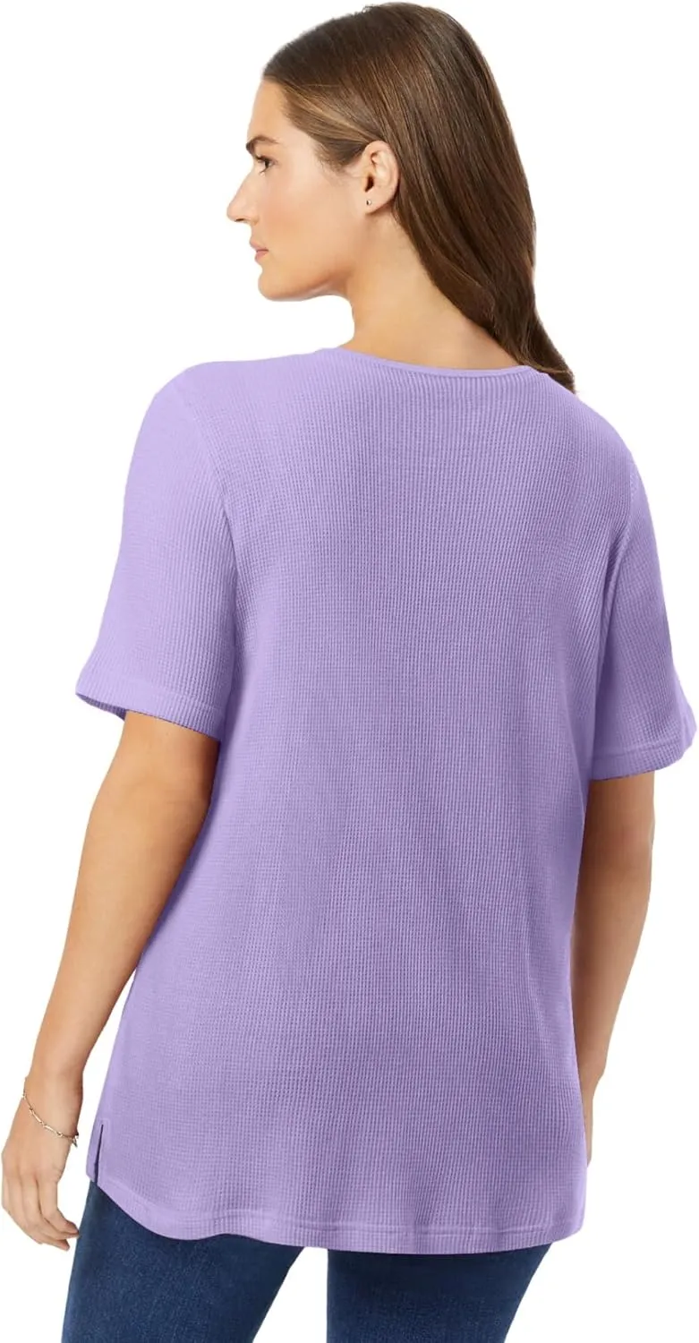 Woman Within Women's Plus Size Waffle Thermal Satin Trim Tee
