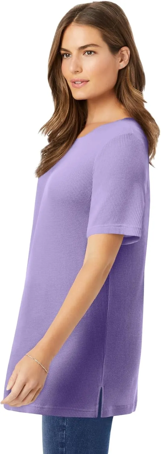 Woman Within Women's Plus Size Waffle Thermal Satin Trim Tee