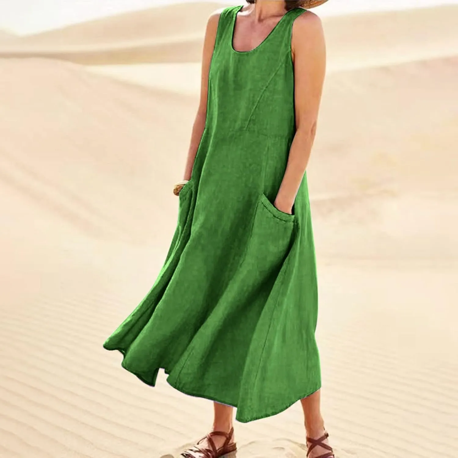 Women 2024 Summer Tank Dress Sleeveless U Neck Printed/Solid Boho Beach Shirt Maxi Flowy Linen Cotton Dresses with Pocket