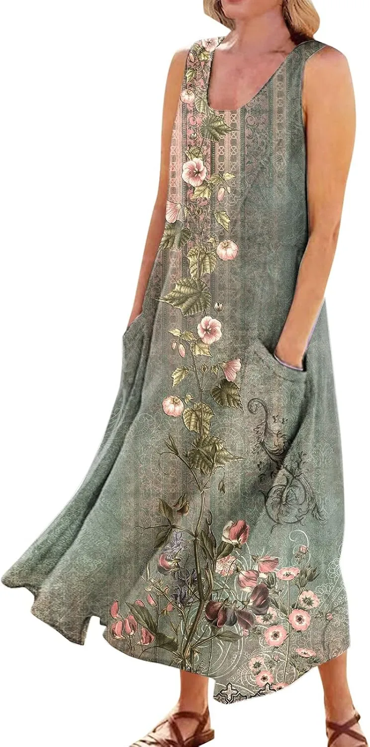Women 2024 Summer Tank Dress Sleeveless U Neck Printed/Solid Boho Beach Shirt Maxi Flowy Linen Cotton Dresses with Pocket