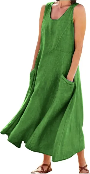 Women 2024 Summer Tank Dress Sleeveless U Neck Printed/Solid Boho Beach Shirt Maxi Flowy Linen Cotton Dresses with Pocket