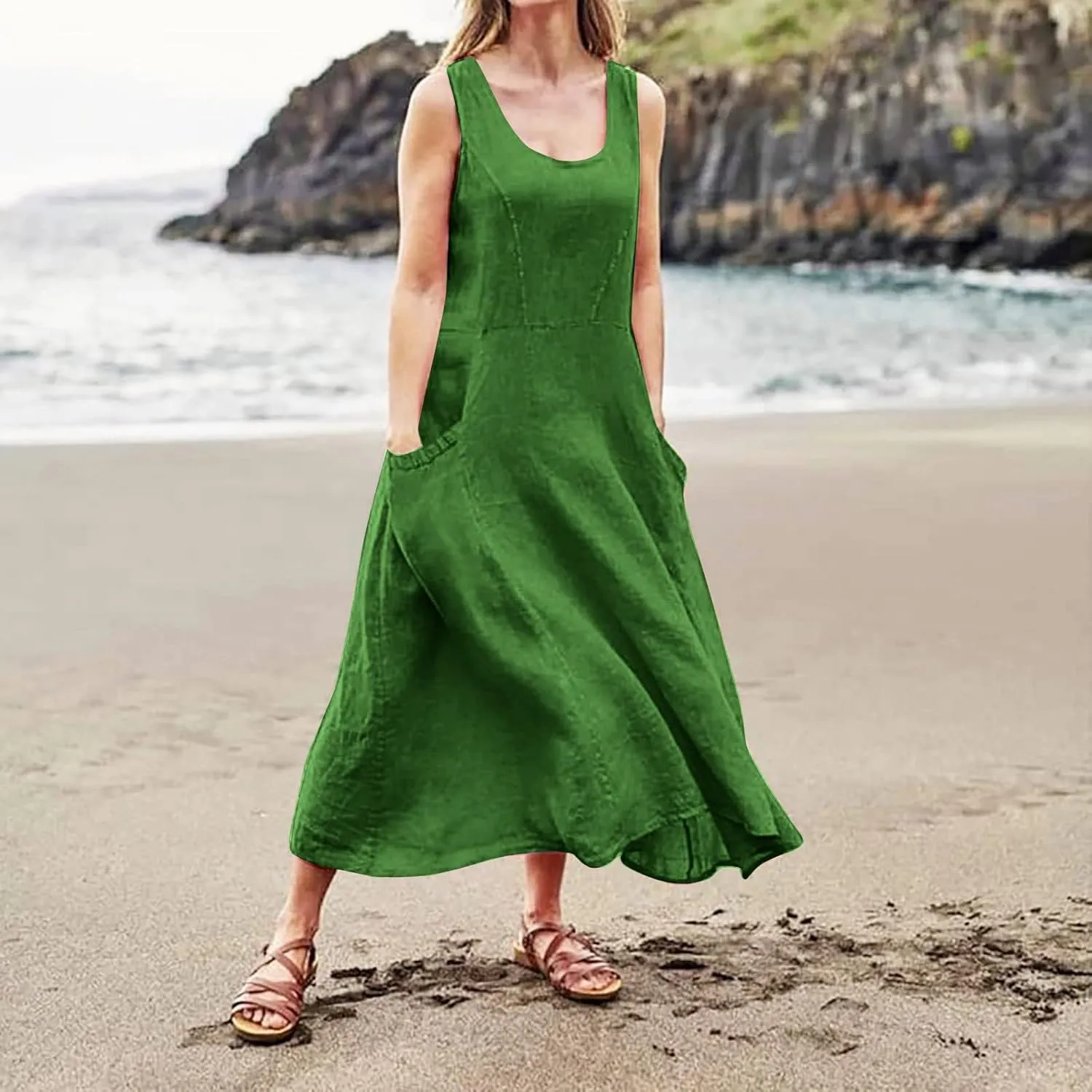Women 2024 Summer Tank Dress Sleeveless U Neck Printed/Solid Boho Beach Shirt Maxi Flowy Linen Cotton Dresses with Pocket