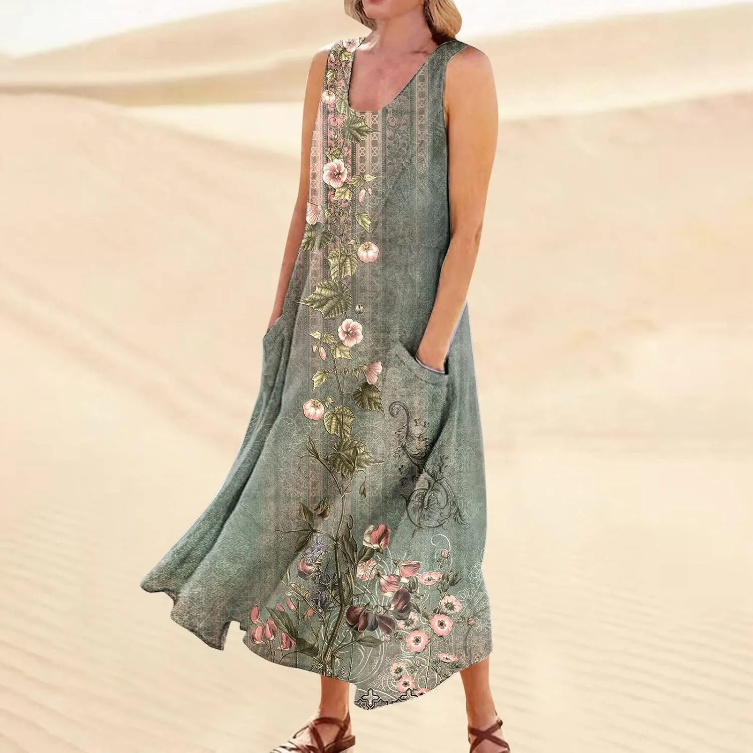 Women 2024 Summer Tank Dress Sleeveless U Neck Printed/Solid Boho Beach Shirt Maxi Flowy Linen Cotton Dresses with Pocket