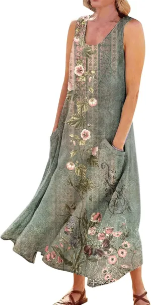 Women 2024 Summer Tank Dress Sleeveless U Neck Printed/Solid Boho Beach Shirt Maxi Flowy Linen Cotton Dresses with Pocket
