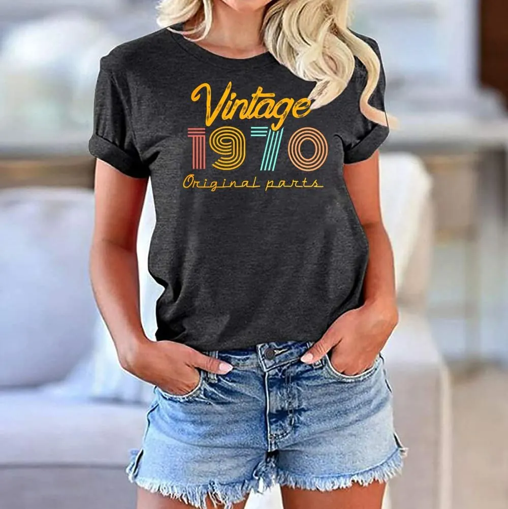 Women 55th Birthday Shirt Vintage 1970 Tshirt Fifty Five Bday Gift Casual Birthday Apparel Flower Graphic Tee Tops