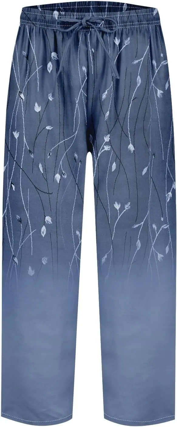 Women Beach Fashion Linen Pants Women Women's Cotton Linen Palazzo Wide Leg Pants, Soft Elastic Waistband