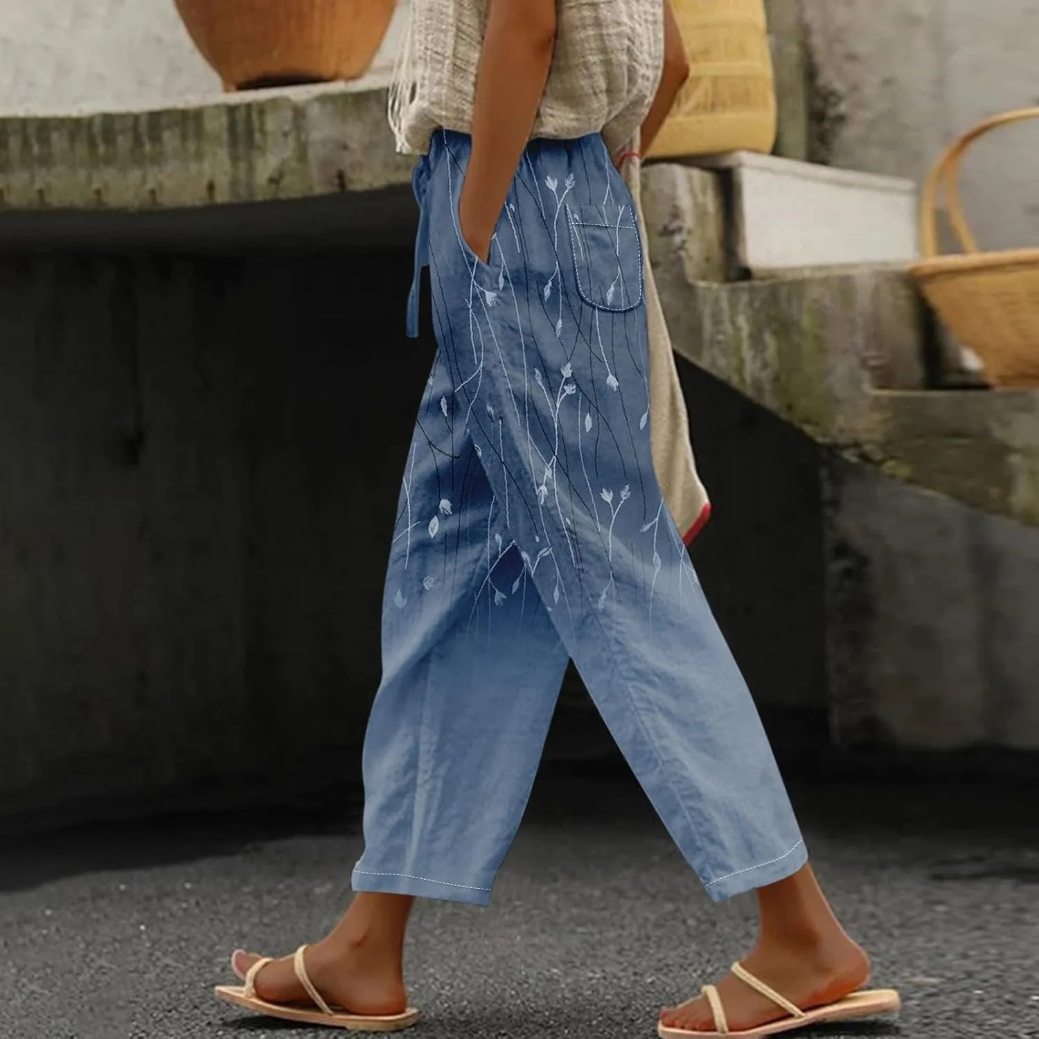Women Beach Fashion Linen Pants Women Women's Cotton Linen Palazzo Wide Leg Pants, Soft Elastic Waistband