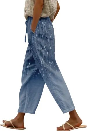 Women Beach Fashion Linen Pants Women Women's Cotton Linen Palazzo Wide Leg Pants, Soft Elastic Waistband