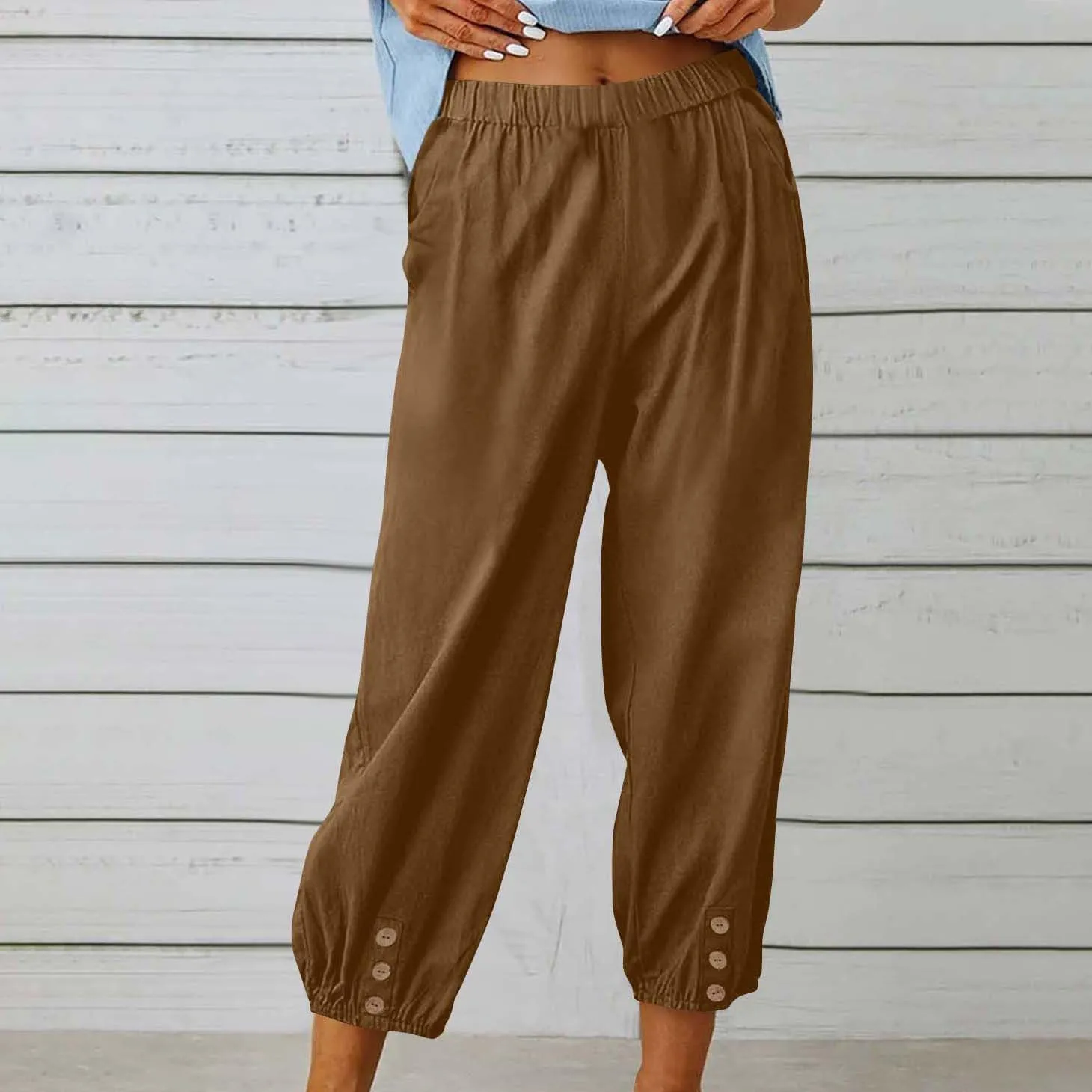 Women Capri Pants Casual Drawstring Elastic High Waist Baggy Wide Leg Cropped Pants Trousers for Ladies Summer Slacks