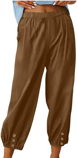 Women Capri Pants Casual Drawstring Elastic High Waist Baggy Wide Leg Cropped Pants Trousers for Ladies Summer Slacks