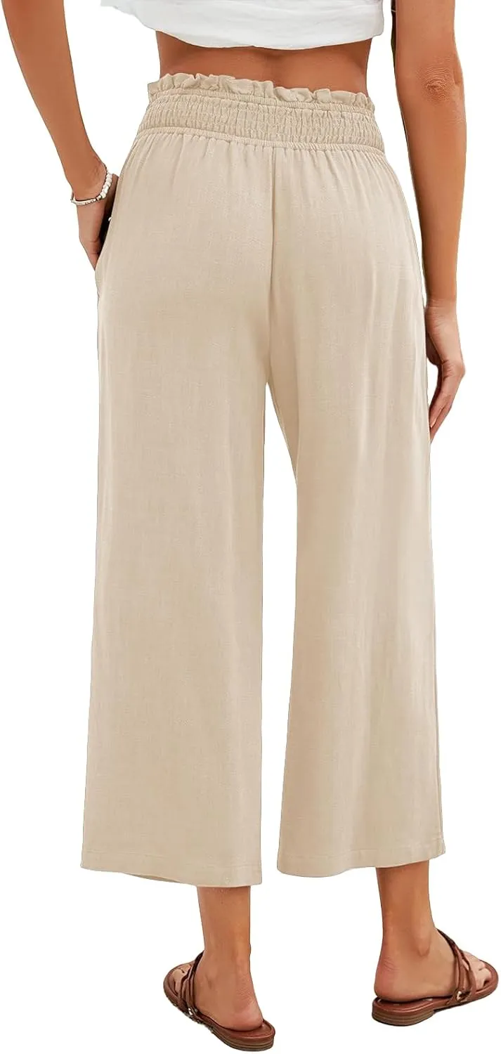 Women Capri Pants High Waisted Wide Leg Linen Palazzo Trousers Casual Loose Flowy Smock Waist Pants with Pockets