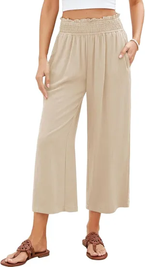 Women Capri Pants High Waisted Wide Leg Linen Palazzo Trousers Casual Loose Flowy Smock Waist Pants with Pockets