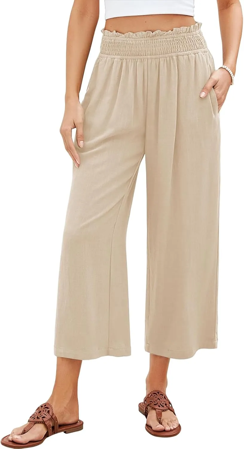 Women Capri Pants High Waisted Wide Leg Linen Palazzo Trousers Casual Loose Flowy Smock Waist Pants with Pockets