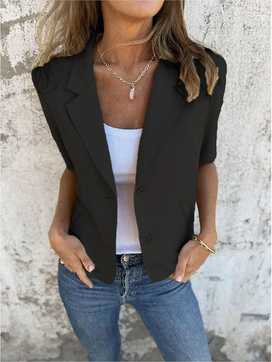 Women Casual Blazers Summer Lapel Open Front Button Half Sleeve Suit Jackets Lightweight Slim Fit Office Work Blazer