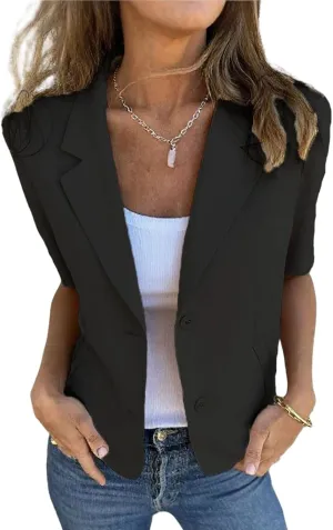 Women Casual Blazers Summer Lapel Open Front Button Half Sleeve Suit Jackets Lightweight Slim Fit Office Work Blazer