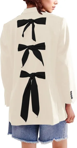 Women Casual Oversized Blazers Bow Tie Blazer Suit Lapel Open Front Office Blazer Jacket Button Down Work Cardigan