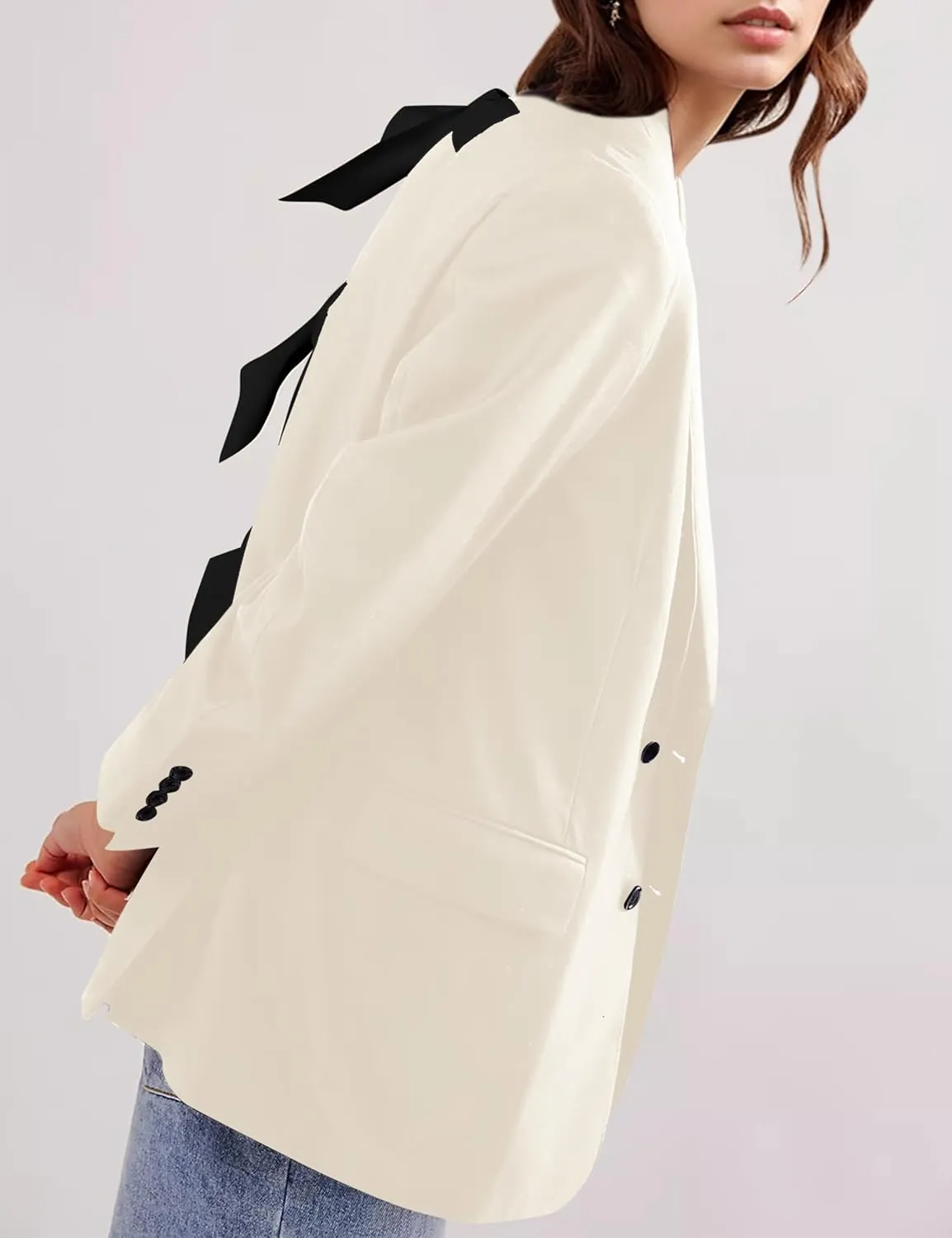 Women Casual Oversized Blazers Bow Tie Blazer Suit Lapel Open Front Office Blazer Jacket Button Down Work Cardigan