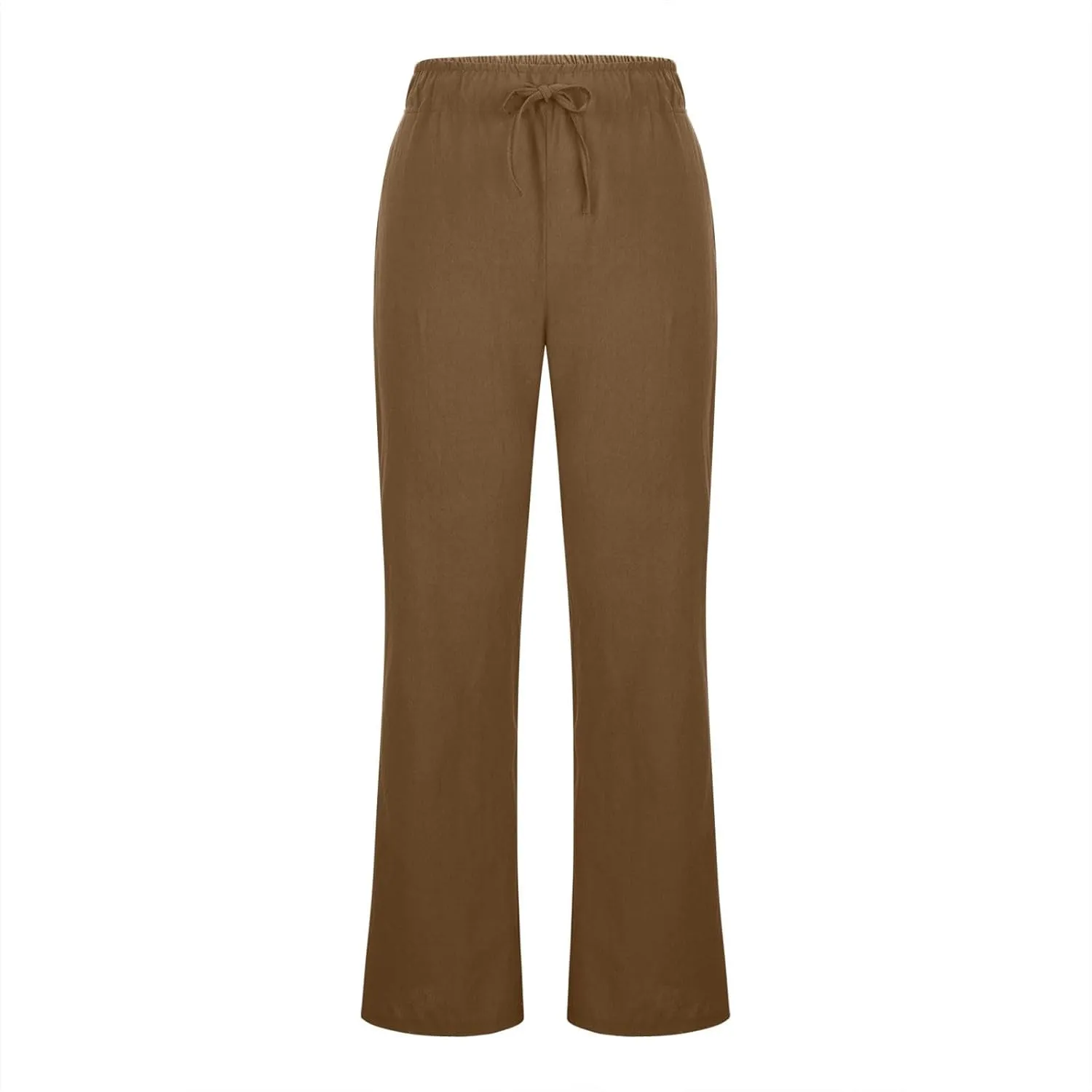 Women Cotton Linen Drawstring Wide Leg Pants Straight Elastic High Waisted Pants Summer Loose Lounge Outdoor Trousers