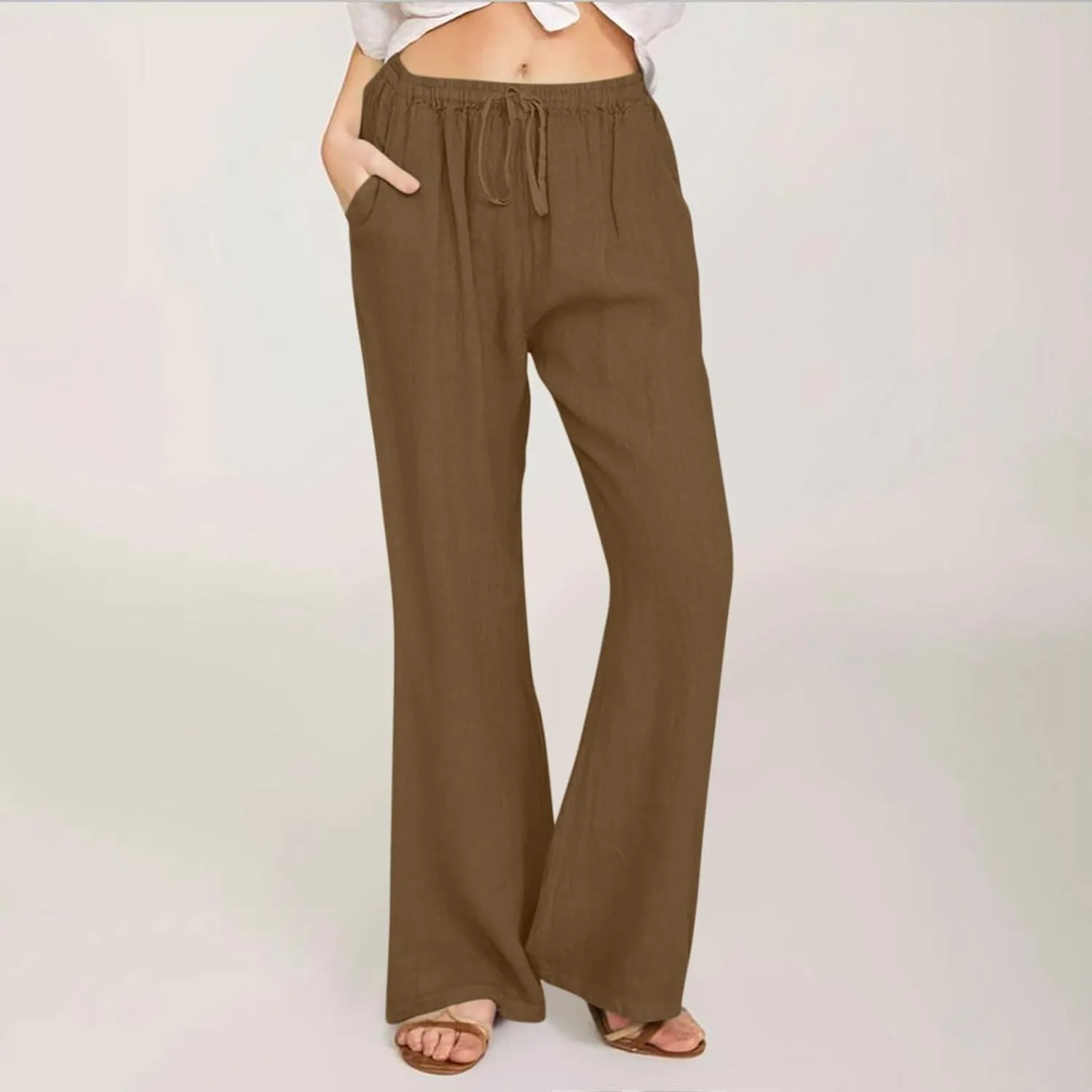 Women Cotton Linen Drawstring Wide Leg Pants Straight Elastic High Waisted Pants Summer Loose Lounge Outdoor Trousers