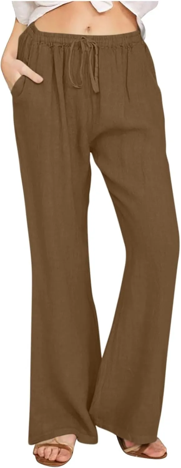 Women Cotton Linen Drawstring Wide Leg Pants Straight Elastic High Waisted Pants Summer Loose Lounge Outdoor Trousers