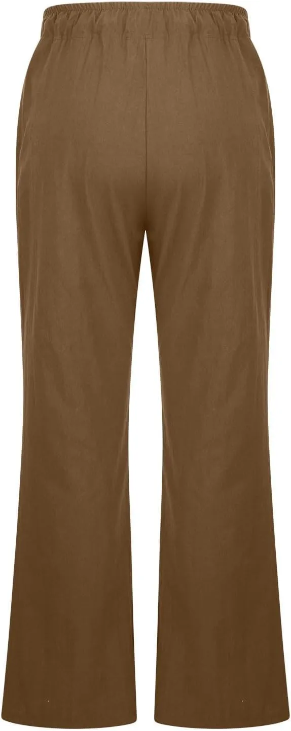 Women Cotton Linen Drawstring Wide Leg Pants Straight Elastic High Waisted Pants Summer Loose Lounge Outdoor Trousers