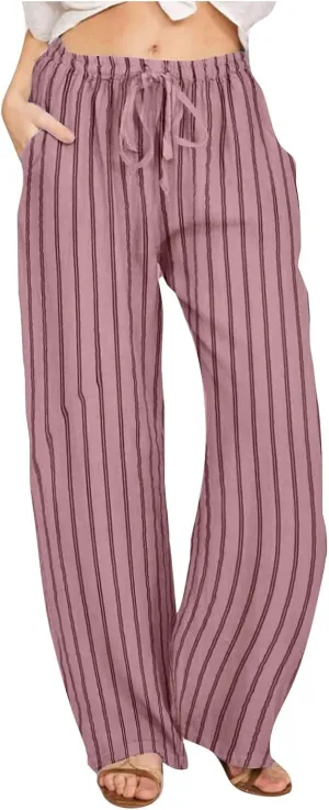 Women Cotton Linen Pants Elastic Waist Striped Wide Leg Palazzo Pant Lounge Casual Beach Clothes Trouser with Pockets